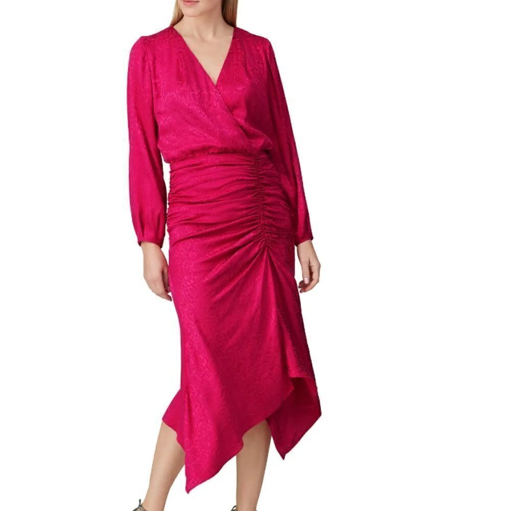 KRISA leopard long sleeve madi ruched dress magenta pink